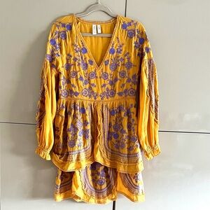 Anthropologie Meadow Rue Boho Mustard Dress with Lavender Embroidery • S